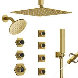 Thermostatic 8-Spray 12 and 6 in. Dual Shower Heads Ceiling Mount Fixed and Handheld Shower Head in Brushed Gold