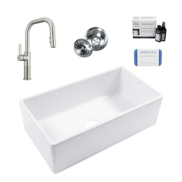 Bradstreet II 33 in. Farmhouse Apron Front Undermount Single Bowl White Fireclay Kitchen Sink with Faucet Kit