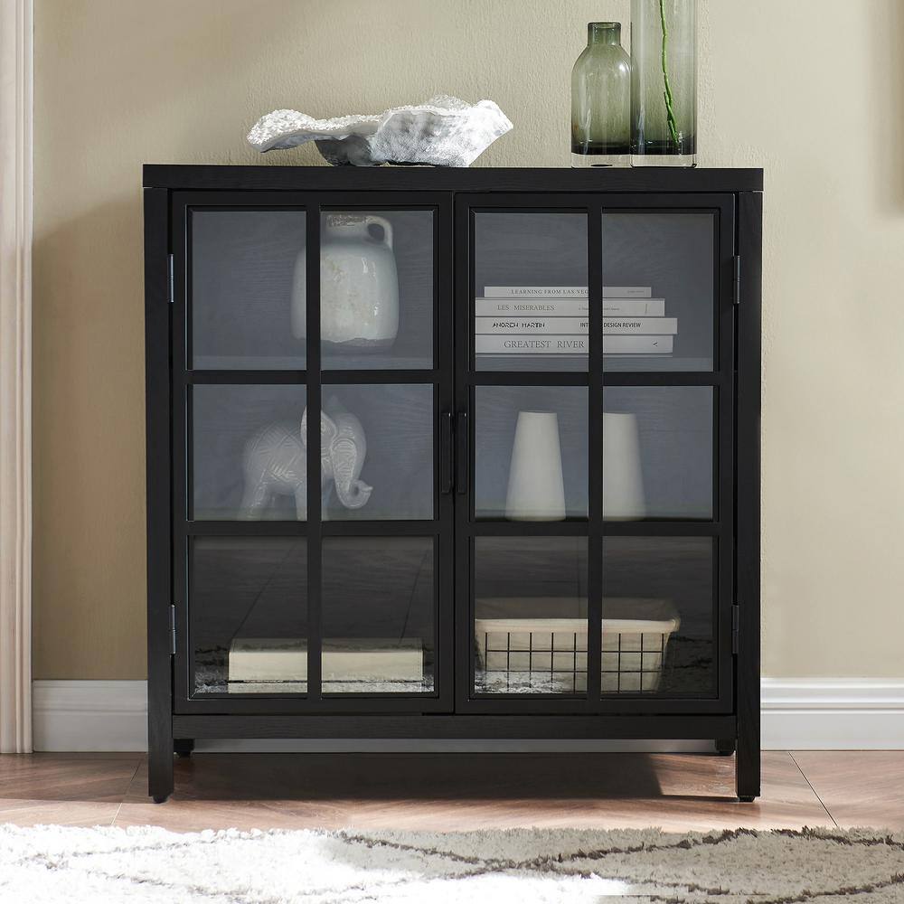 Black Grain MDF and Metal Office Accent Cabinet with Adjustable Shelving