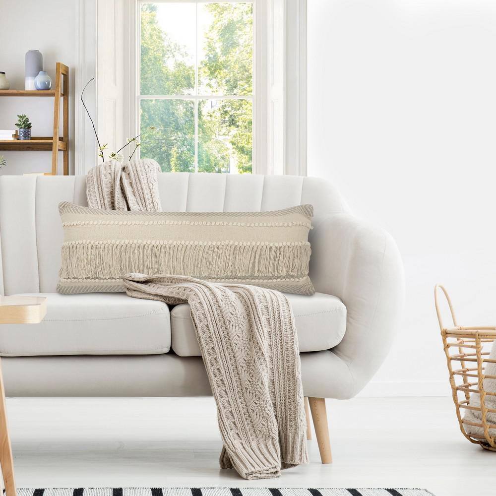 Beige Rectangular Woven Polyester Throw Pillow, 14" x 36"