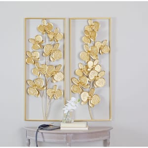 Metal Gold Orchid Floral Wall Decor with Gold Frame (Set of 2)