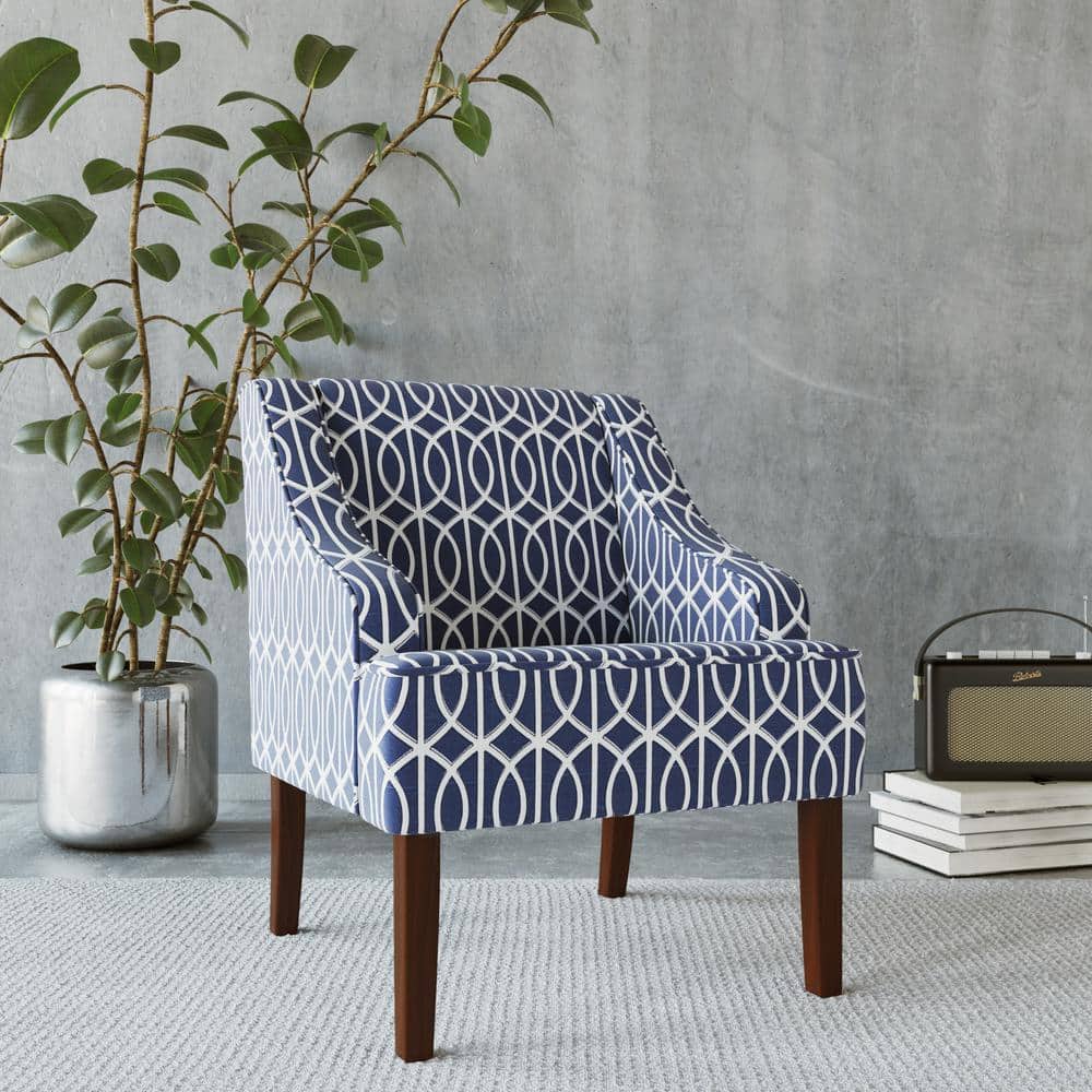 Classic Blue Trellis Swoop Arm Accent Chair with Wood Legs