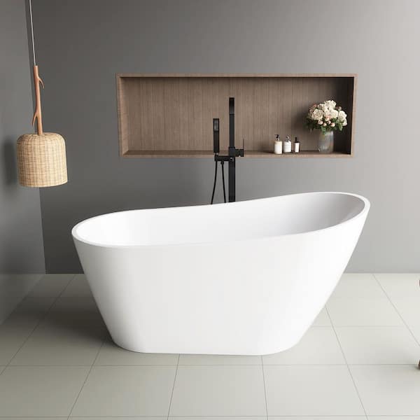 59 in. x 31 in. Acrylic Freestanding Soaking Bathtub with Reversible Drain in Glossy White