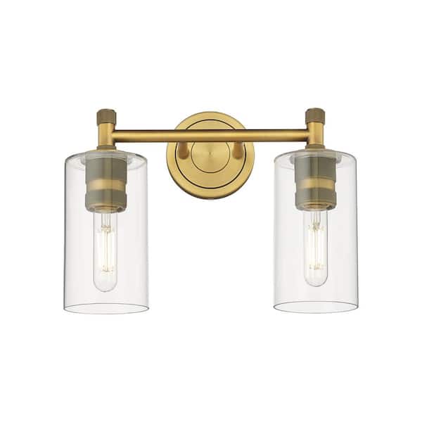 Innovations Crown Point 13.88 in. 2-Light Brushed Brass Vanity Light with Glass Shade