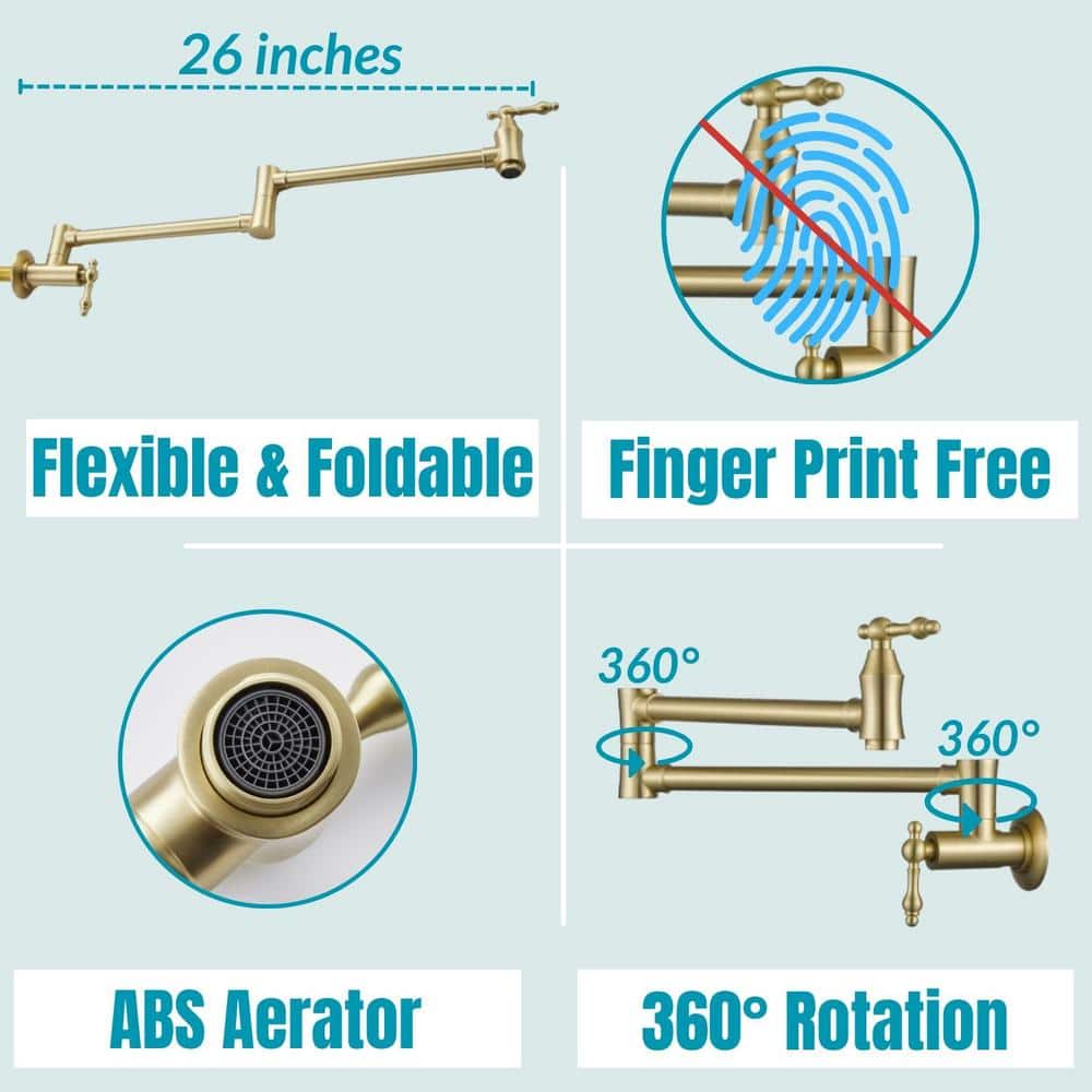 Brushed Gold Solid Brass Wall-Mounted Pot Filler Faucet