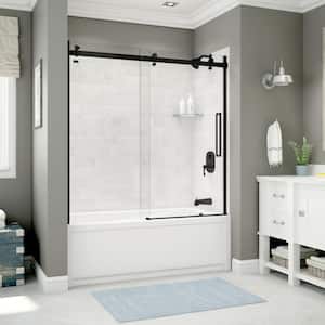 Utile 32 in. x 60 in. x 81 in. Bath and Shower Combo in Marble Carrara with New Town Right Drain, Halo Door Matte Black