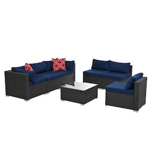 7 Piece Patio Furniture Sets Outdoor Furniture Seasonal PE Wicker Furniture with Blue Cushions