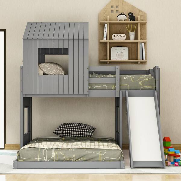 Playhouse Style Gray Wooden Twin Over Full Bunk Bed with Ladder,Slide and Guardrails(78.7 in. W x 82.3 in. H)