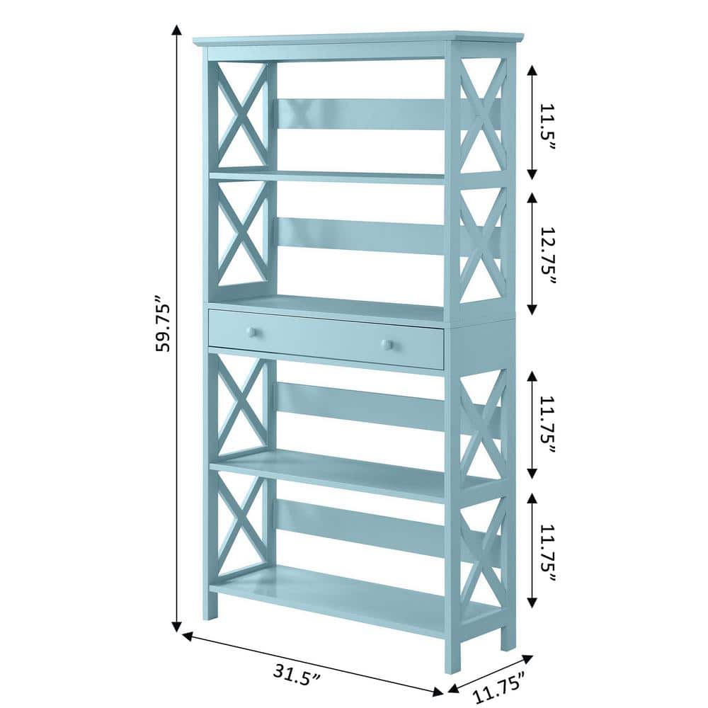 Sea Foam Blue 5-Tier Wooden Bookcase with Concealed Drawer