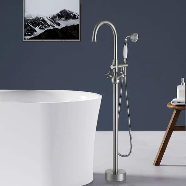 2-Handle Cross Handle Freestanding Tub Faucet with Hand Shower in Brushed Nickel