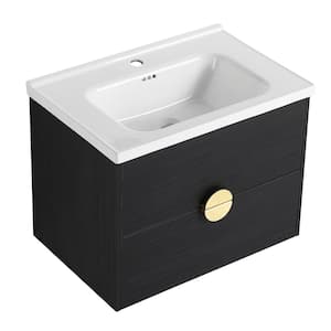 28 in. W Modern Elegant Floating Wall-Mounted Bathroom Vanity in Black with White Sink and 2-Drawers