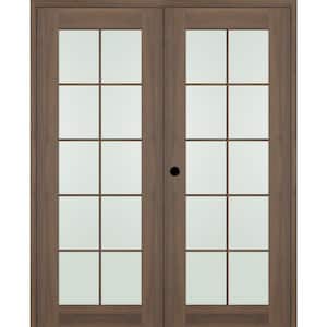 Vona 64 in. x 84 in. 10-Lite Right Hand Active Frosted Glass Pecan Nutwood Wood Composite Double Prehung French Door