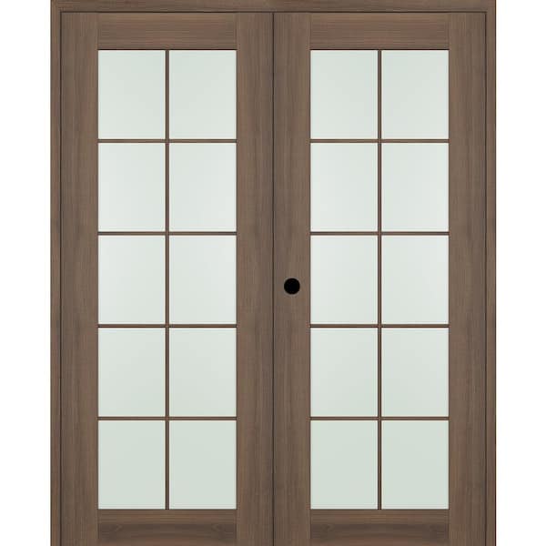 Belldinni Vona 56 in. x 96 in. 10-Lite Right Hand Active Frosted Glass Pecan Nutwood Wood Composite Double Prehung French Door