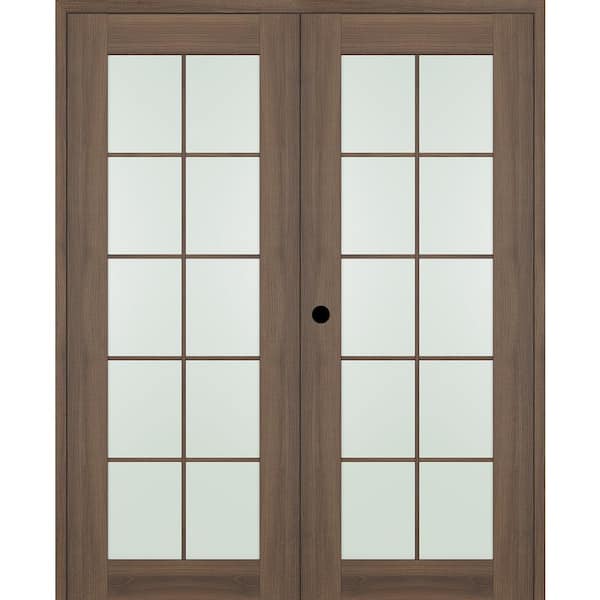 Vona 56 in. x 80 in. 10-Lite Right Hand Active Frosted Glass Pecan Nutwood Wood Composite Double Prehung French Door