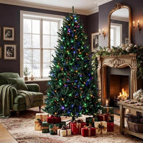 9 ft. Prelit Hinged Christmas Tree, Artificial Foliage Easy Plug Technology with Warm White and Multi‑Color LED Lights