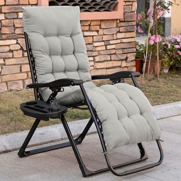 Black Foldable Metal Outdoor Lounge Chair with Gray Padded Cushion