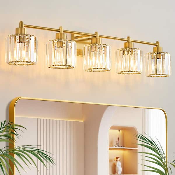 Modern Luxury 39.29 in. 5-Light Gold Dimmable Bathroom Vanity Light with Crystal Shades
