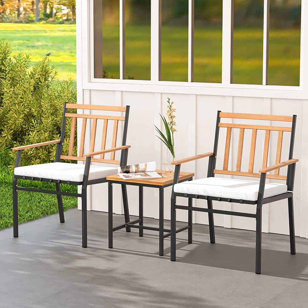 Acacia Wood and Metal 3-Piece Patio Set with Off-White Cushions