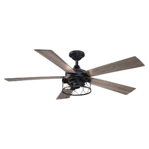 52 in. Farmhouse Indoor Black Downrod Mounted 5-Blade LED Ceiling Fan with Light Kit and Remote