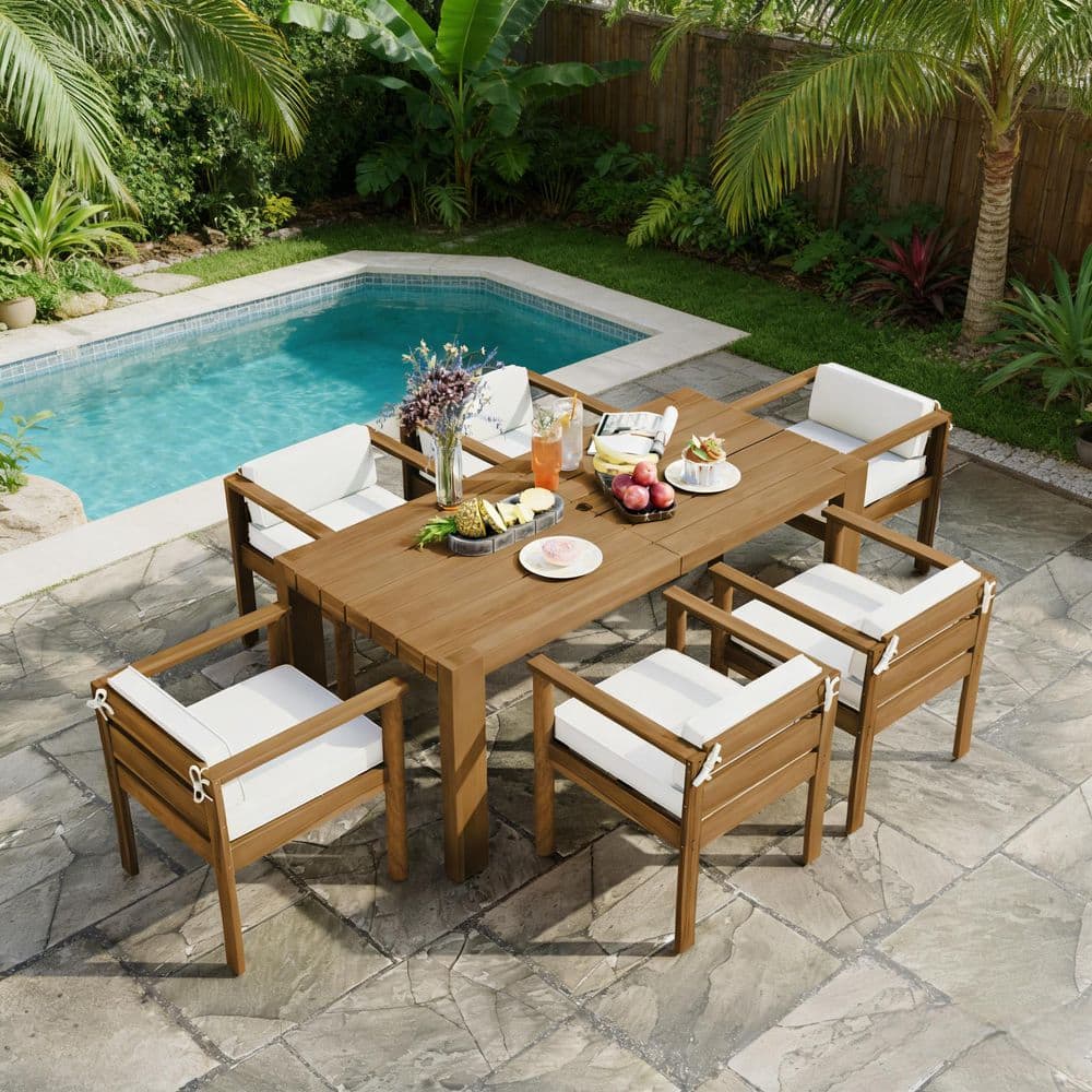 7-Piece Light Teak Wood Outdoor Dining Set with Beige Cushions for