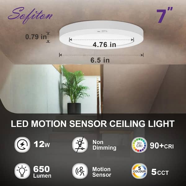 6.5 in. White New Ultra-Low Profile Integrated LED Flush Mount Ceiling Light With Motion Sensor 5CCT Selectable 90CRI