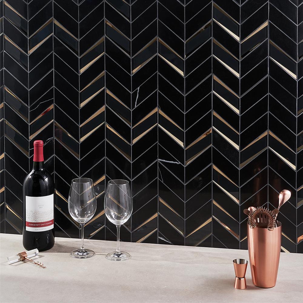 Verona Polished Black Marble Chevron Mosaic Tile