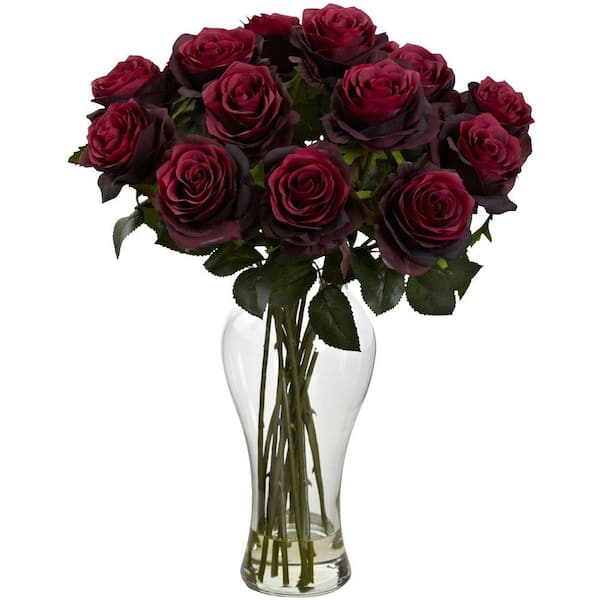 Nearly Natural Artificial Blooming Roses with Vase