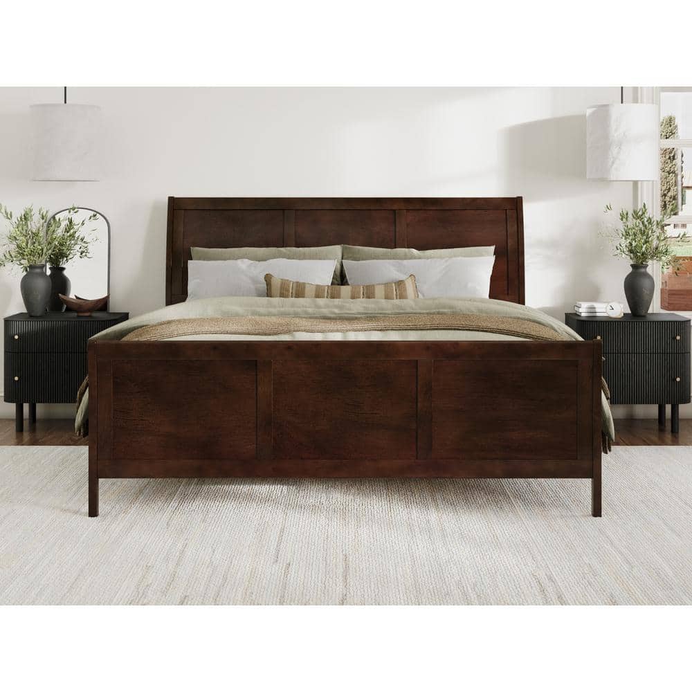 Valencia Walnut King Sleigh Platform Bed with Wood Headboard