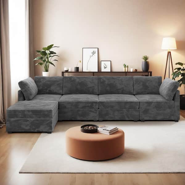 CORNY 95 in. Wide 5-Piece Modern Deep Seat Corduroy L-Shape Modular Sectional Sofa Couch in Gray with Ottoman