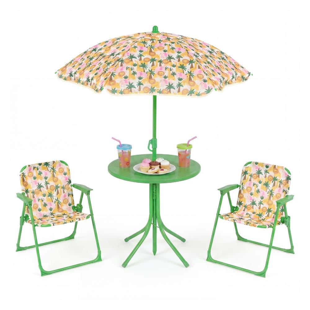 Ecooso Kids HDPE Outdoor Table Set with 2 Folding Chairs and Height-Adjustable Umbrella, Beige
