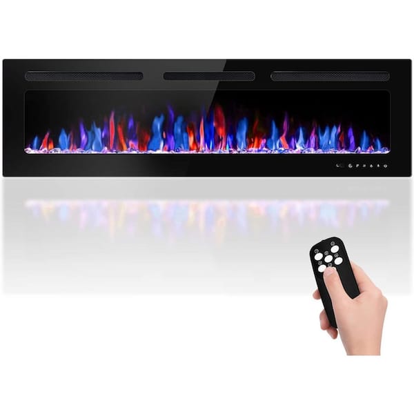 60 in. Wall Mount Electric Fireplace in Black with Remote Control,12 Adjustable Flame Colors, Touch Screen, Log, Crystal
