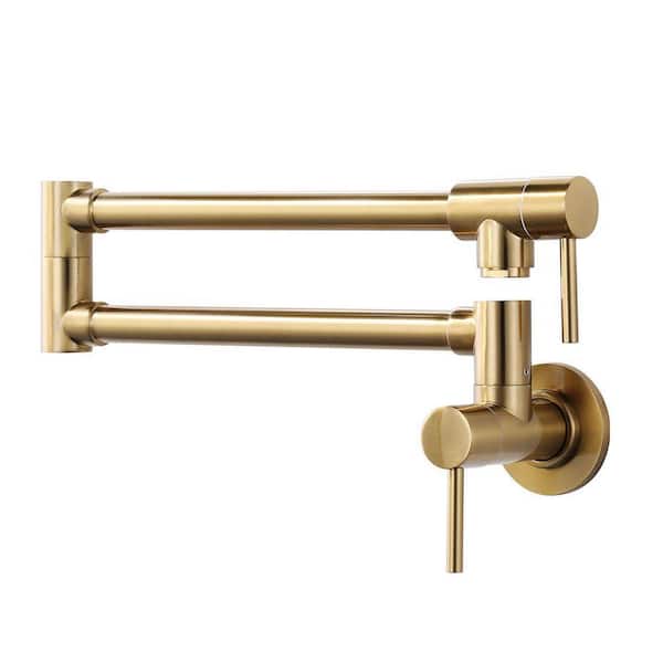 Modern Brass Wall Mounted Dual Joint Swivel Arm Pot Filler Kitchen Faucet in Brushed Gold