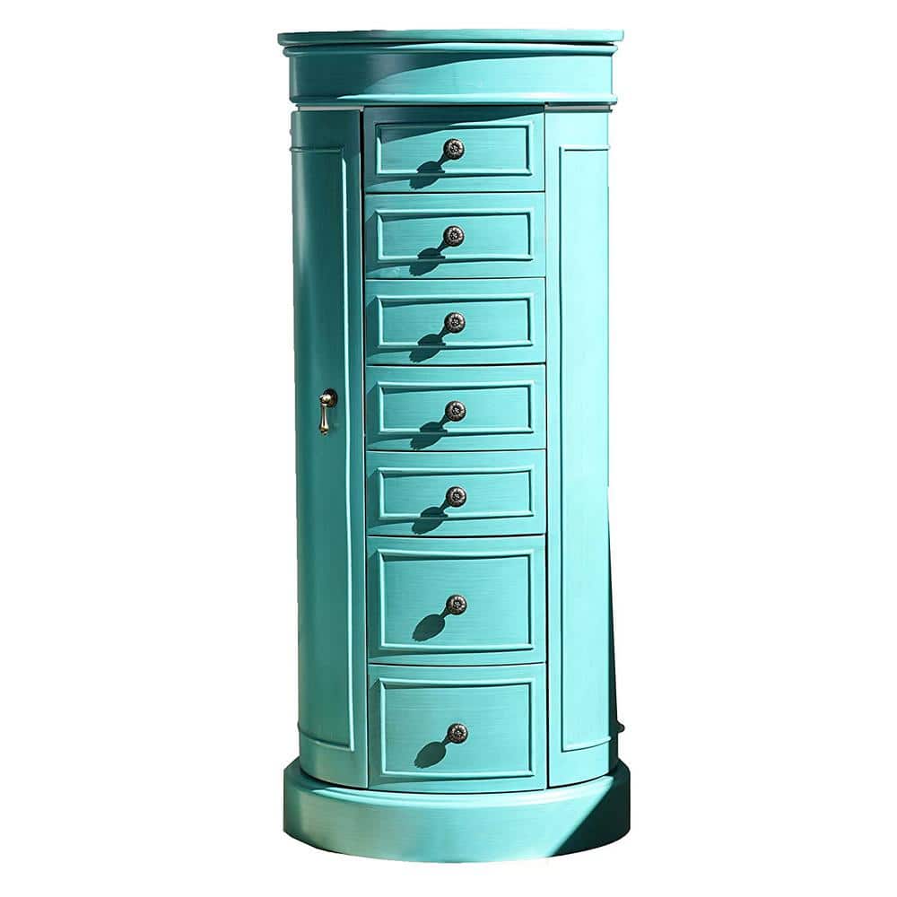 Turquoise Wood Free Standing Jewelry Armoire with Mirror
