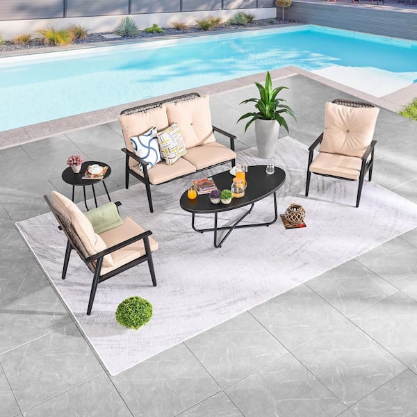Patio Festival 5-Piece Metal Patio Conversation Set with Beige Cushions