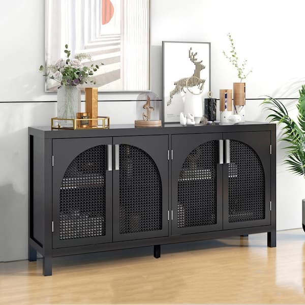 Magic Home 60 in. Modern Large Storage Sideboard with Artificial Rattan Door and Metal Handles for Living Room and Entryway, Black