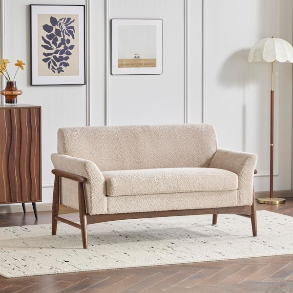 Tora Modern 57.5 in. W Boucle Fabric Cushioned 2-Seater Loveseat Sofa, Solid Wood Frame, Almond Pluse Walnut