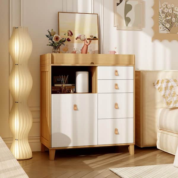 FUFU&GAGA 33.5 in. W Burly Wood Grain and White Rectangle Wooden End/Side Table with 5 Drawers, Top Storage Surface and Open Shelf