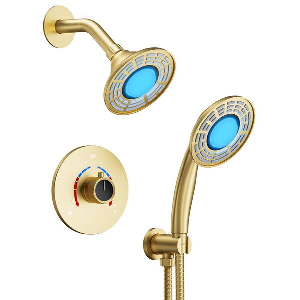 Cranach 2-Spray 5 in. LED 3-Color Dual Shower Head Wall Mount Handheld Shower Head 2.5 GPM in Brushed Gold(Valve Included)