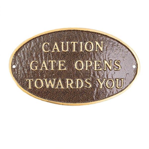 Montague Metal Products 6 in. x 10 in. Small Oval Caution Gate Opens Towards You Statement Plaque Sign - Hammered Bronze