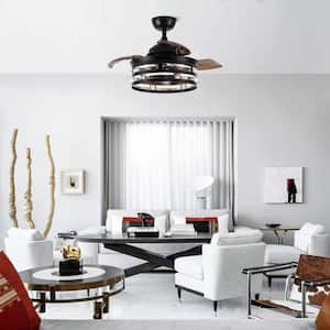 36 in. Matte Black Retractable 3-Blade Crystal Chandelier Ceiling Fan with Remote Control and Light Kit