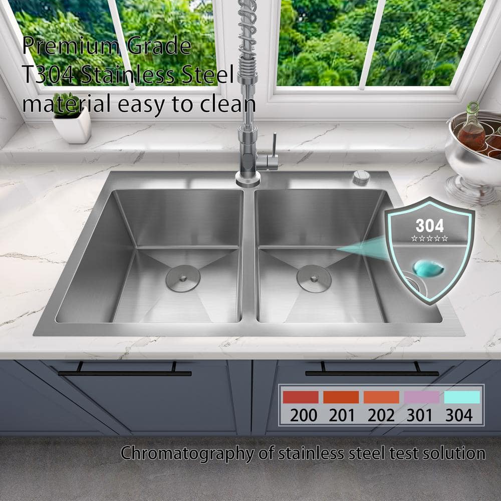 Sinber 33" Stainless Steel Double Bowl Drop-In Kitchen Sink