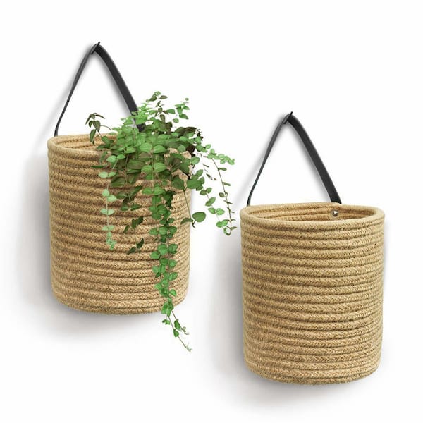 7.87 in. x 7 in. x 11.7 in. Jute Woven Wood Hanging Basket with Leather Handle-Small Wall Decor Set (2-Pack)
