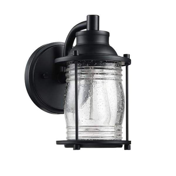 BOEKA ARCTURUS 4.7 in. 1-Light Dark Black Finish Hardwired Outdoor Wall Lantern Wall Sconce with Seeded Glass Shade
