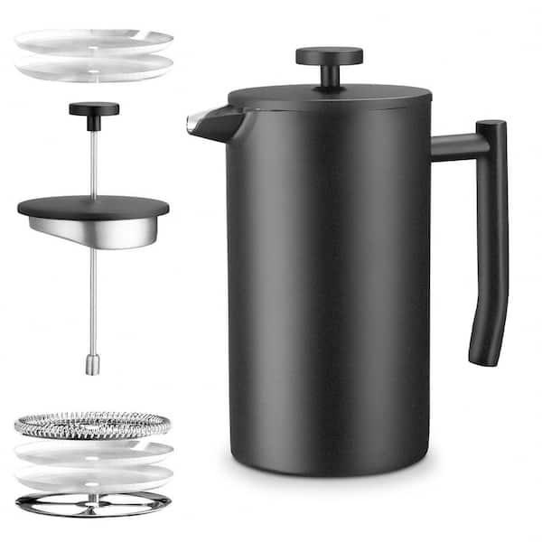 PRIMEPLUS 4 Cups 34 Oz. Black Stainless Steel French Press with 4-Level Mesh Filter