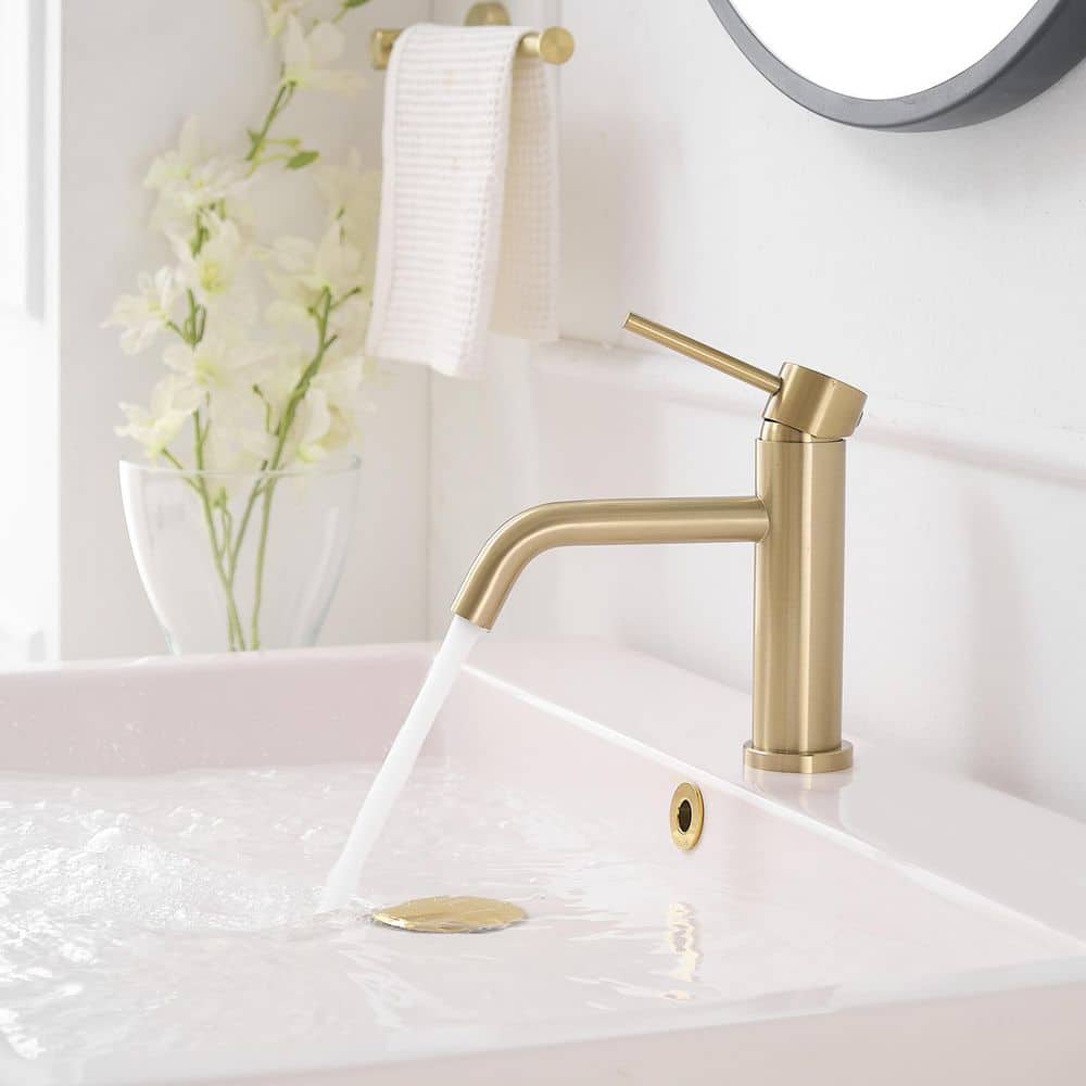 Brushed Gold Single Handle Low-Arc Bathroom Faucet with Drain