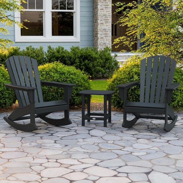 POLYWOOD Grant Park Black 3-Piece HDPE Plastic Adirondack Outdoor Rocking Chair Patio Conversation Set