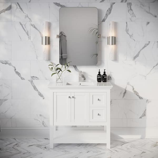Manchester 36 in. Single Sink Shaker-Style White Wood Bath Vanity with White Quartz Top and Integrated Sink