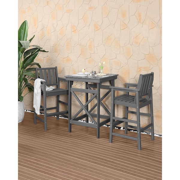 Gray 3-Piece Adirondack Chairs and Table Set Outdoor Serving Bar Set Plastic Patio Bar Set with 2 Chairs and 1 Table