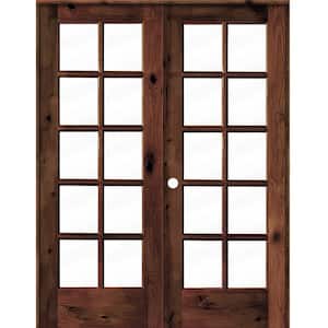 60 in. x 80 in. Knotty Alder Right-Handed 10-Lite Clear Glass Red Mahogany Stain Wood Double Prehung French Door