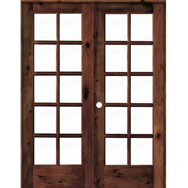 Krosswood Doors 60 in. x 80 in. Knotty Alder Right-Handed 10-Lite Clear Glass Red Mahogany Stain Wood Double Prehung French Door